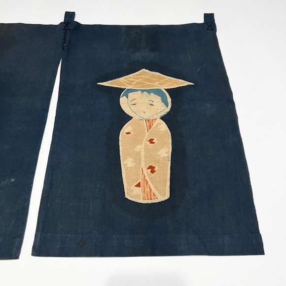 Vintage Noren Japanese Door Curtain Figures Dolls Navy Blue Traditional Textile - Picture 5 of 8
